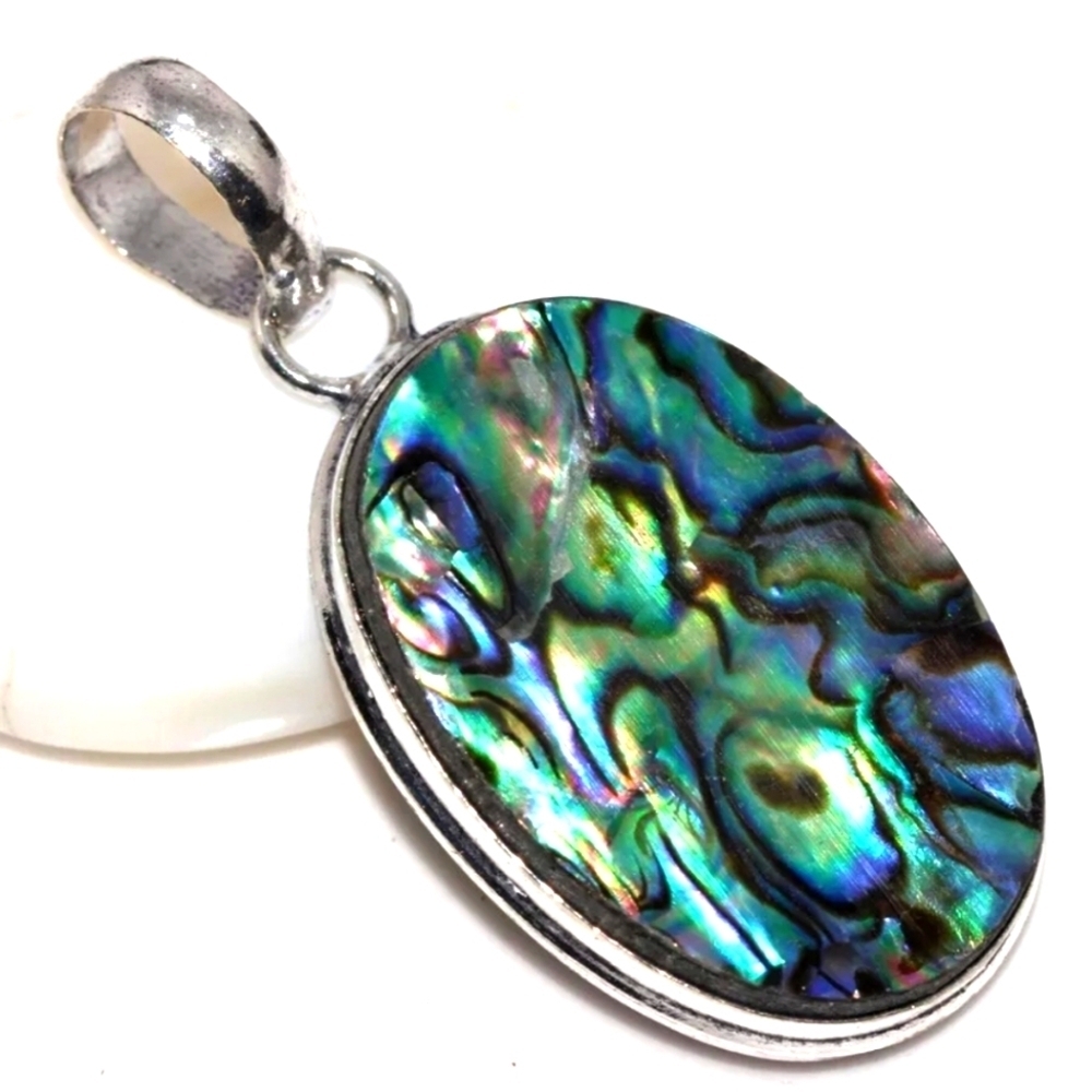 Abalone Shell 925 Silver Plated Natural Gemstone Handmade Necklace Pendant 1.7"
